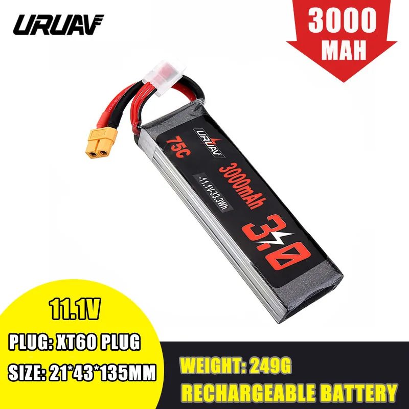 Оригинальный аккумулятор URUAV 11 1 В 3000 мАч 75C 3S Lipo Разъем XT60 для радиоуправляемого