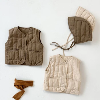

Autumn Winter Baby Boys Girls Pure Color Waistcoat Coat Children Clothing Boys Girls Sleeveless Vest + Hat Kids Thicken Vest