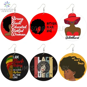 

SOMESOOR Natural Black Hair Blessed Woman African Wooden Drop Earrings Strong Educated Queen Afro Sayings Dangle For Women Gifts