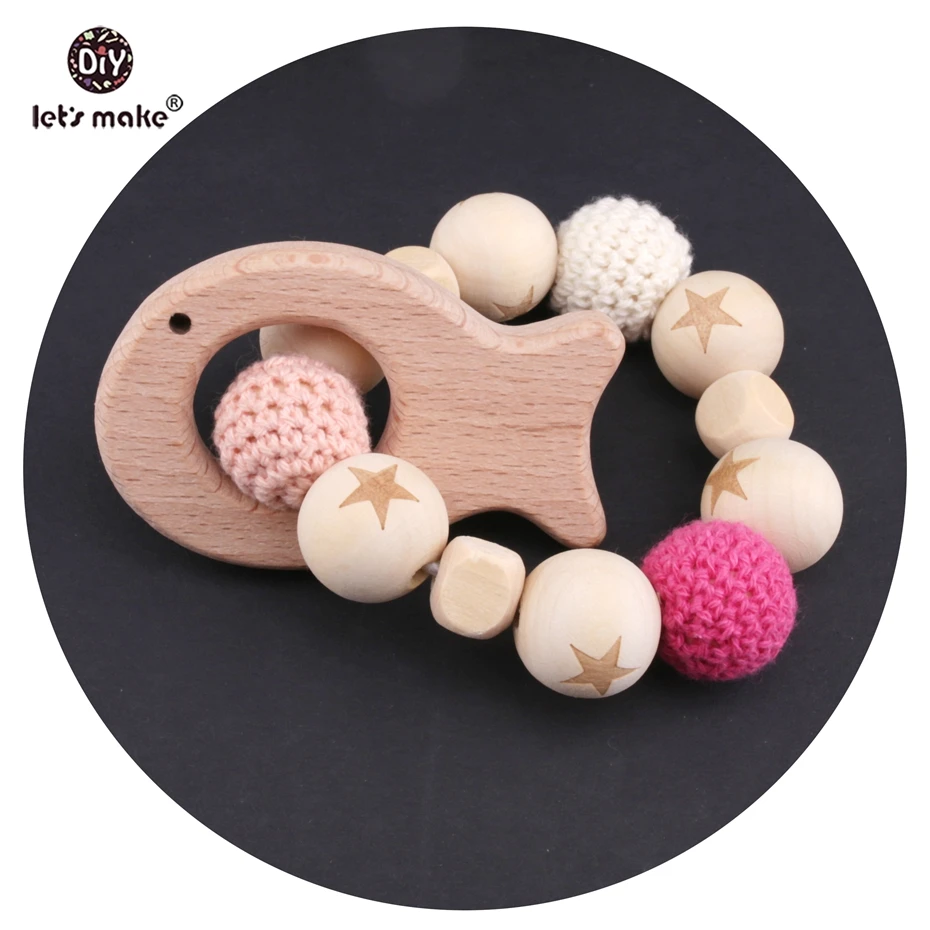 Let'S Make Wooden Teether Beech Elephent Crochet Beads Bracelets Rattles Sensory Baby Play Gym Nursing Accessories Stroller Toys
