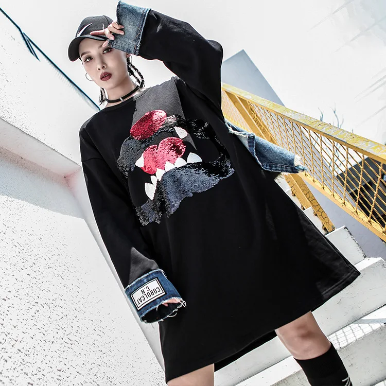 

Hoodie Autumn Clothing 2019 New Style Women's Spring And Autumn Loose-Fit Korean-style Fashion Long Sleeve Cowboy Joint Tops bao