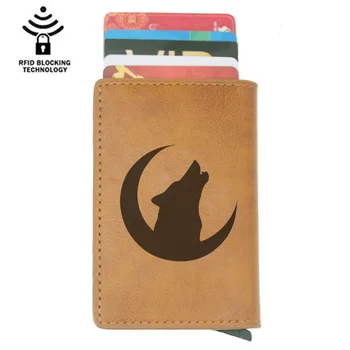 

New Arrivals Moon and wolf Rfid Card Holder Men Wallets Brown Vintage Short Purse Leather Slim Wallets Mini Wallet