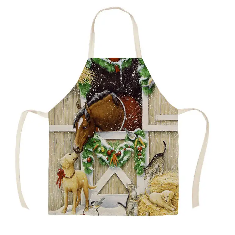 1Pcs Kitchen Apron Christmas horse farm Printed Sleeveless Cotton Linen Aprons for Men Women Home Cleaning Tools 55*68cm