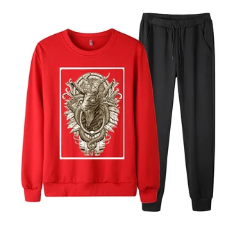 

Men Crew Neck Baphomet Print TrackSuit Sport Jacket Fall Spring Suit Set Trousers Pants Jogging Outfits