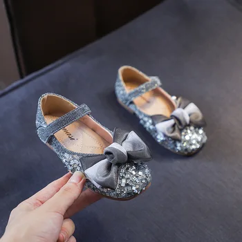 

2020 Spring Girls Leather Shoes For Children's Fashion Princess Bow Sequin Casual Shoes Girls Soft Bottom Flowers Princess Shoes
