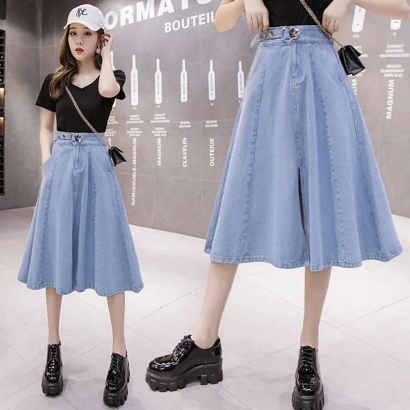 

Denim Skirt Women's 2020 Spring And Summer New Style Korean-style High-waisted Slimming Versatile Mid-length over-the-Knee Large