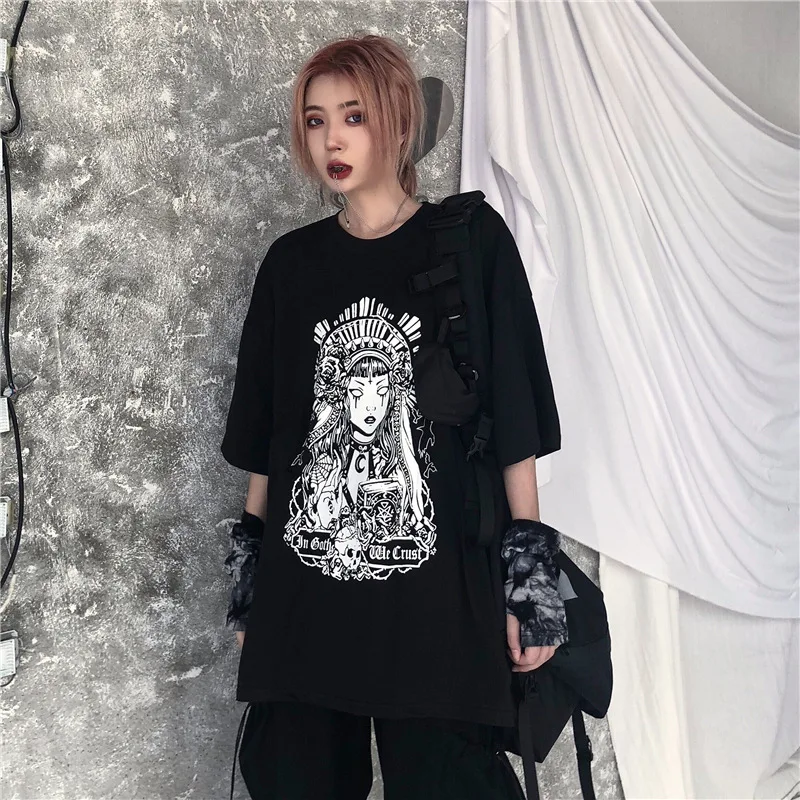 Готический Темный стиль черный цвет женские Топы Одежда Harajuku Свободные короткий рукав шикарные летние футболки Готический Винтаж рубашки для отдыха