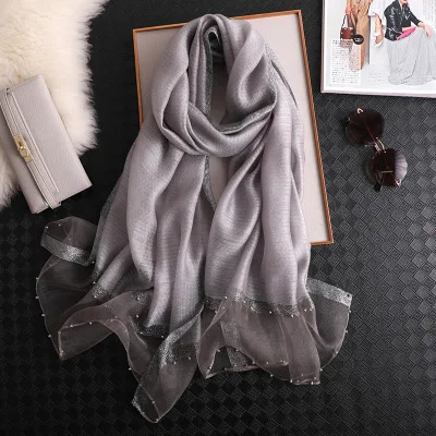 grey Silver Роскошный брендовый женский шарф роскошные летние шелковые шарфы Дамская шаль накидка хиджаб платок Женская бандана Пашмина жемчужная драгоценность повязка на голову - Цвет: grey Silver