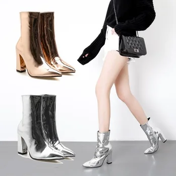 

Patent leather pointed thick high-heeled middle boots women's boots