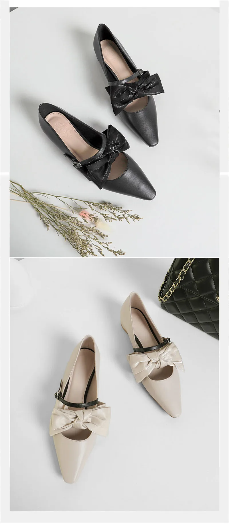 Fashion Bow Square Heels Pointed Toe Pumps Shoes Women Spring Leather Low Heels Shallow Mouth Casual Office Lady Shoes Plus Size (1)