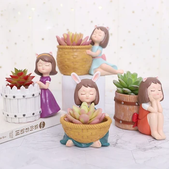 

Cartoon Girls Flower Pot Garden Flower Pots Resin Succulents Plant Pot Micro Landscape Plant Potted Home Decoration