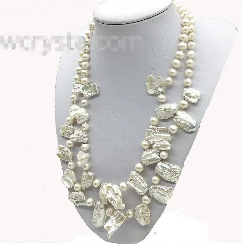 

2-Row Unique White Round Baroque Keshi Real Pearl Bead Statement Collar Necklace AAA+++++Free shipping