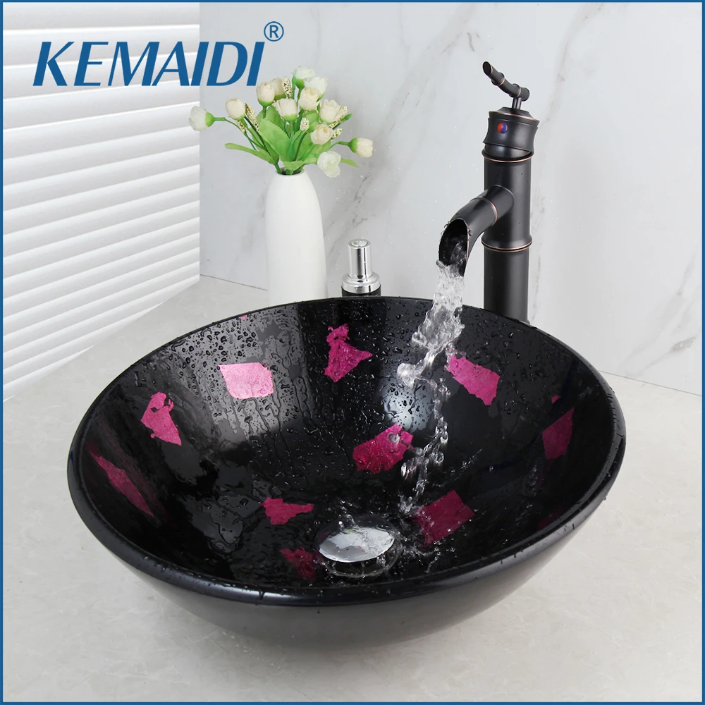 Kemaidi Round Wash Basin Bathroom Sink Set Tempered Glass Bathroom Sink And Oil Rubbed Bronze
