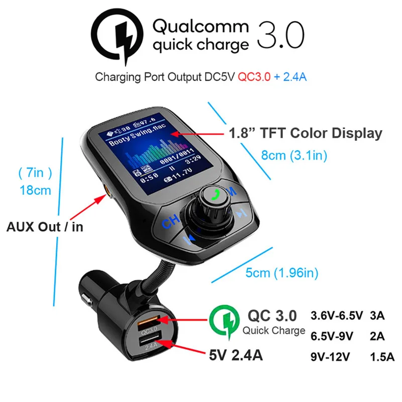 AGETUNR 1," TFT дисплей Bluetooth автомобильный комплект громкой связи QC3.0 Быстрая зарядка fm-передатчик MP3 плеер USB Flash TF AUX вход/выход