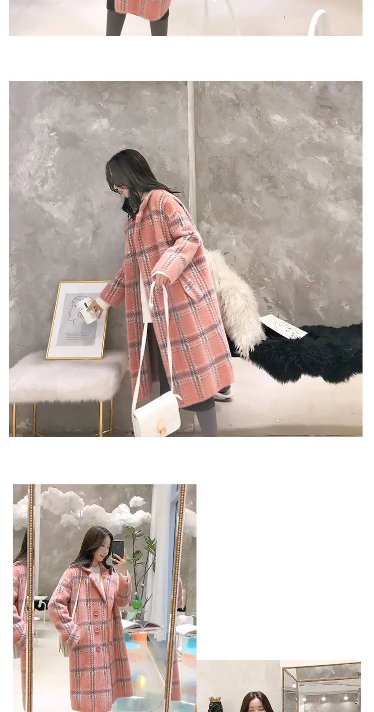 JuneLove autumn elegant plaid women fashion woolen coats ladies casual turn-down collar coats vintage Loose female warm outwears