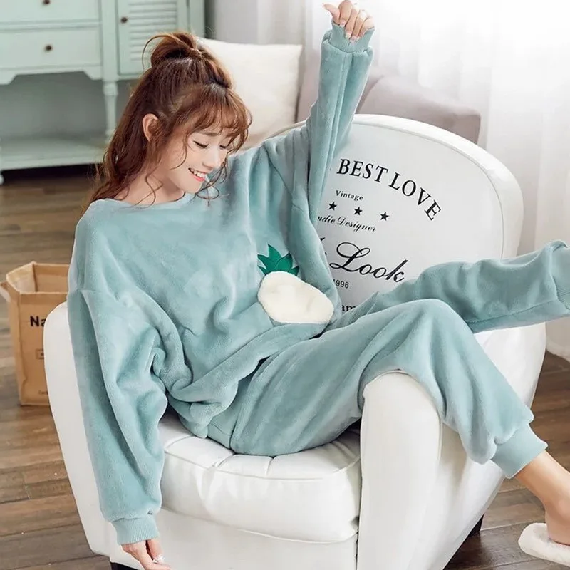 Flannel women pyjamas sets thick cute print long sleeve cartoon sleepwear flannel pajamas set girl