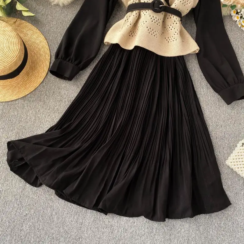 Neploe French Retro Temperament Chic 2 Pcs Women Set Autumn Lace Up Bow Long Pleated Dress+ Hollow Out Knit Vest Chandal 47035