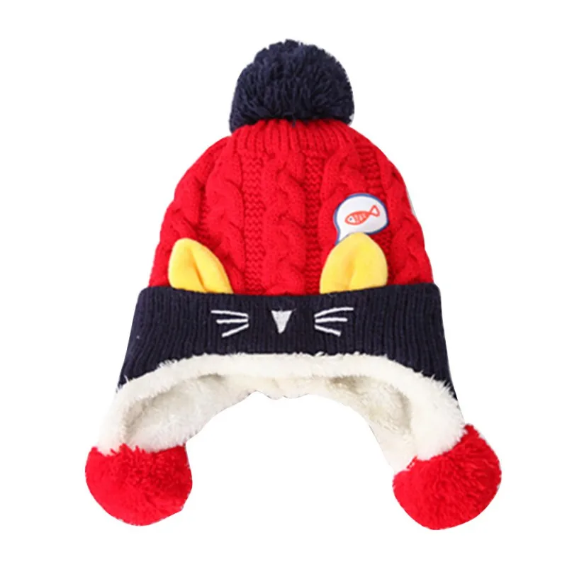 Winter Fashion Warm Hat Toddler Baby Boys Girls Cartoon Knitting Caps with Ball Kids Headwrap Cute Cat Ear Infant Cap - Цвет: As the picture shows