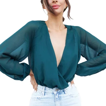 

Women Casual Bodysuit Casual Jumpsuit Sexy Loose Romper Long-sleeved V-neck Chiffon Bodysuit
