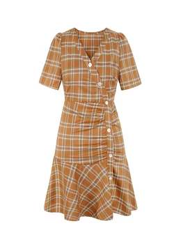 

AULEAD Red Plaid Dress 2020 New Summer French Waist Retro Skirt In The Long Section Was Thin Skirt Polyester Knee-Length