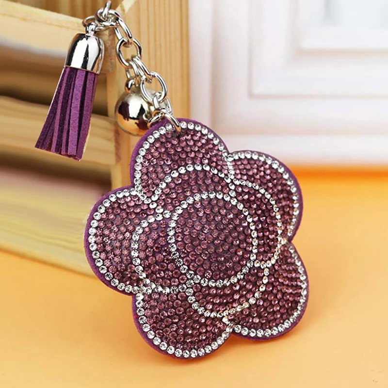 Valentine's Day Flower Keychain Tassel Leather Crystal Trinket Key Chain For Holder Purse Car Bag Pendant Handbag Ring Keychains - Цвет: 7