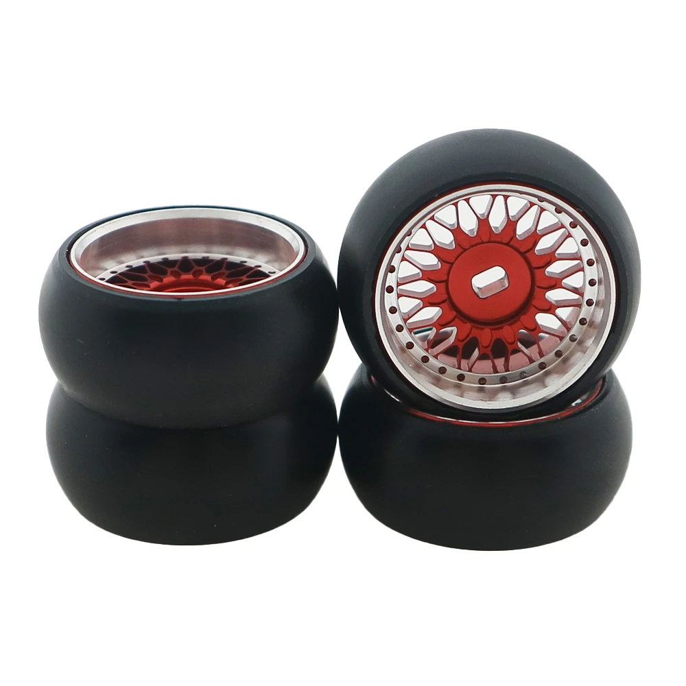 4-Piece RC Drift Wheel Set - 16 Spoke Aluminum Alloy Rims With Drift Tires For 1/24 & 1/28 Scale Cars