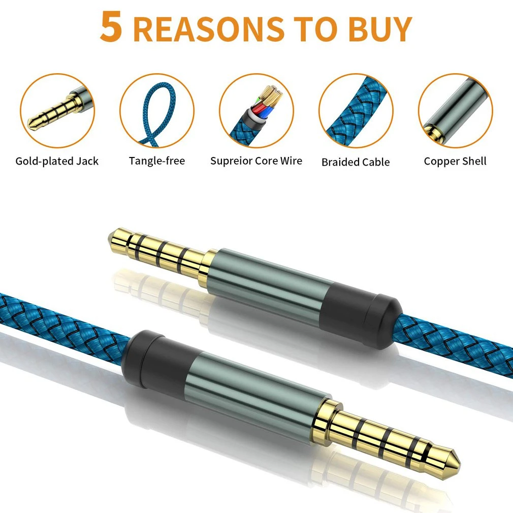 Jack 3.5mm Aux Cable Audio Cable 3.5 Mm Jacks Speaker Cable 4 Poles Nylon Braided For Headphones