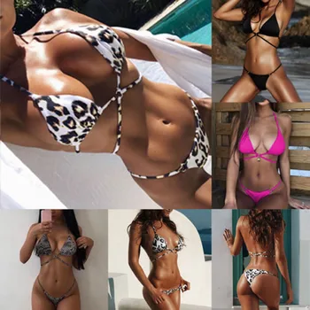 

2020 Latest Womens Jumpsuit Padded Push-up Bikini Set Printed Swimsuit Hot Sexy Bathing Suit Bandage Swimwear Halter Beachwear