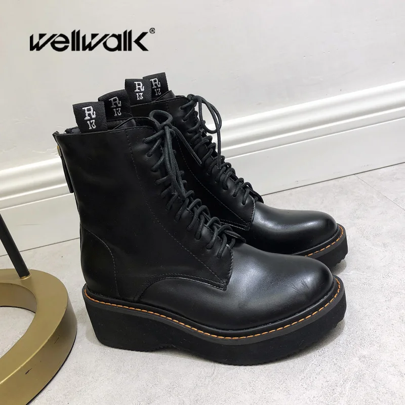 

Women Short Fashion Mid Boots Martens Bootees Mid-calf Round Toe Platform Back Zip Nonslip Lace Up Waterproof 6 Inches 8