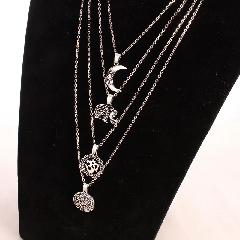 Bohemia Elephant moon multilayer necklace with alloy for women statement necklace with zinc pendant necklace wholesale
