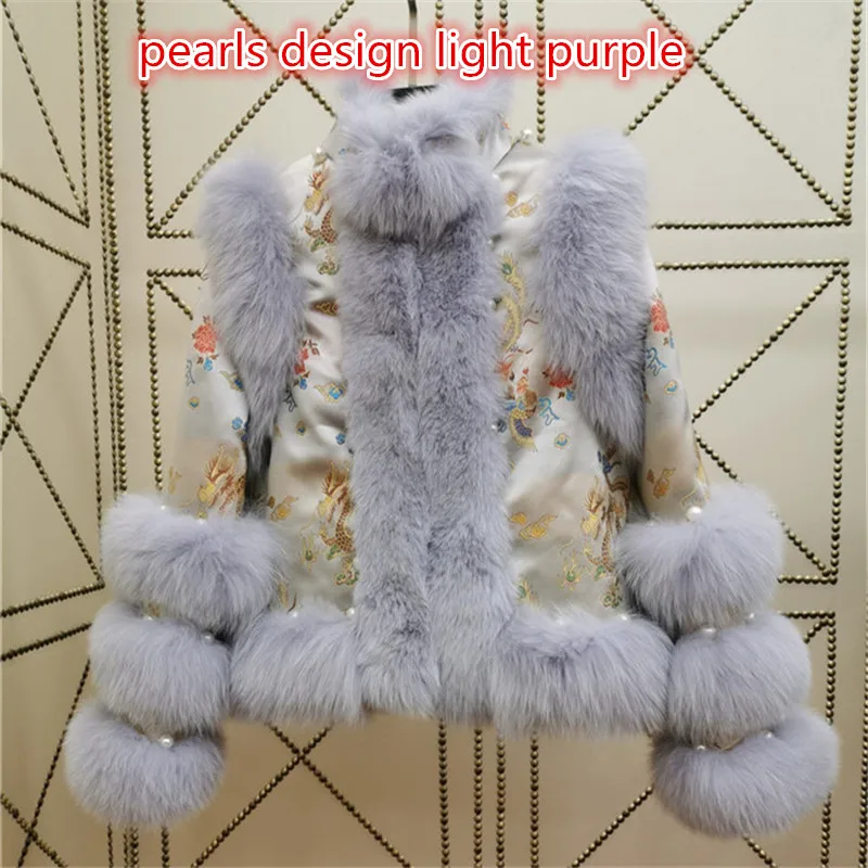 light purple 1 Ручная работа жемчуг натуральный Лисий Мех вышивка атласное пальто для женщин натуральный мех куртка - Цвет: light purple 1