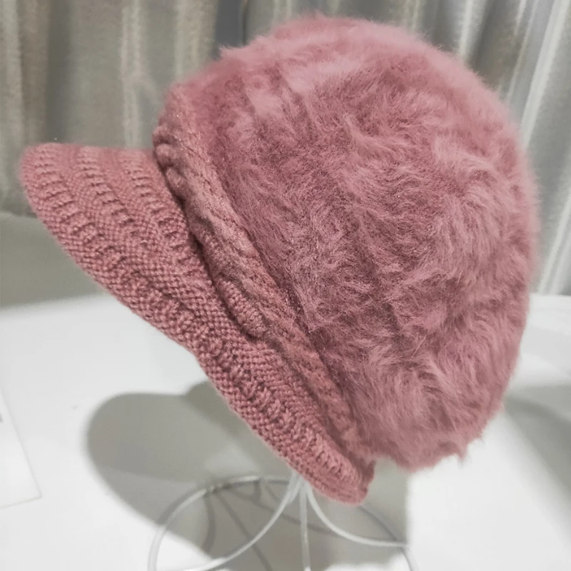 Women's hat winter rabbit hair knitted beret hat winter hats for women caps women fashion winter hat women's knitted hat - Цвет: leather red