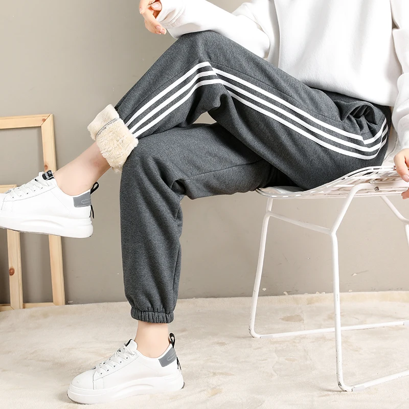striped gray JORSEA, женские джоггеры, зимние теплые штаны, флисовые повседневные меховые брюки, бархатные, большие размеры, женские штаны-шаровары, свободные, мягкие, утепленные джоггеры - Цвет: striped gray