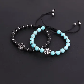 New Design Natural Stone Bead Bracelet Stainless Steel Anchor Charm Bracelet Women Men