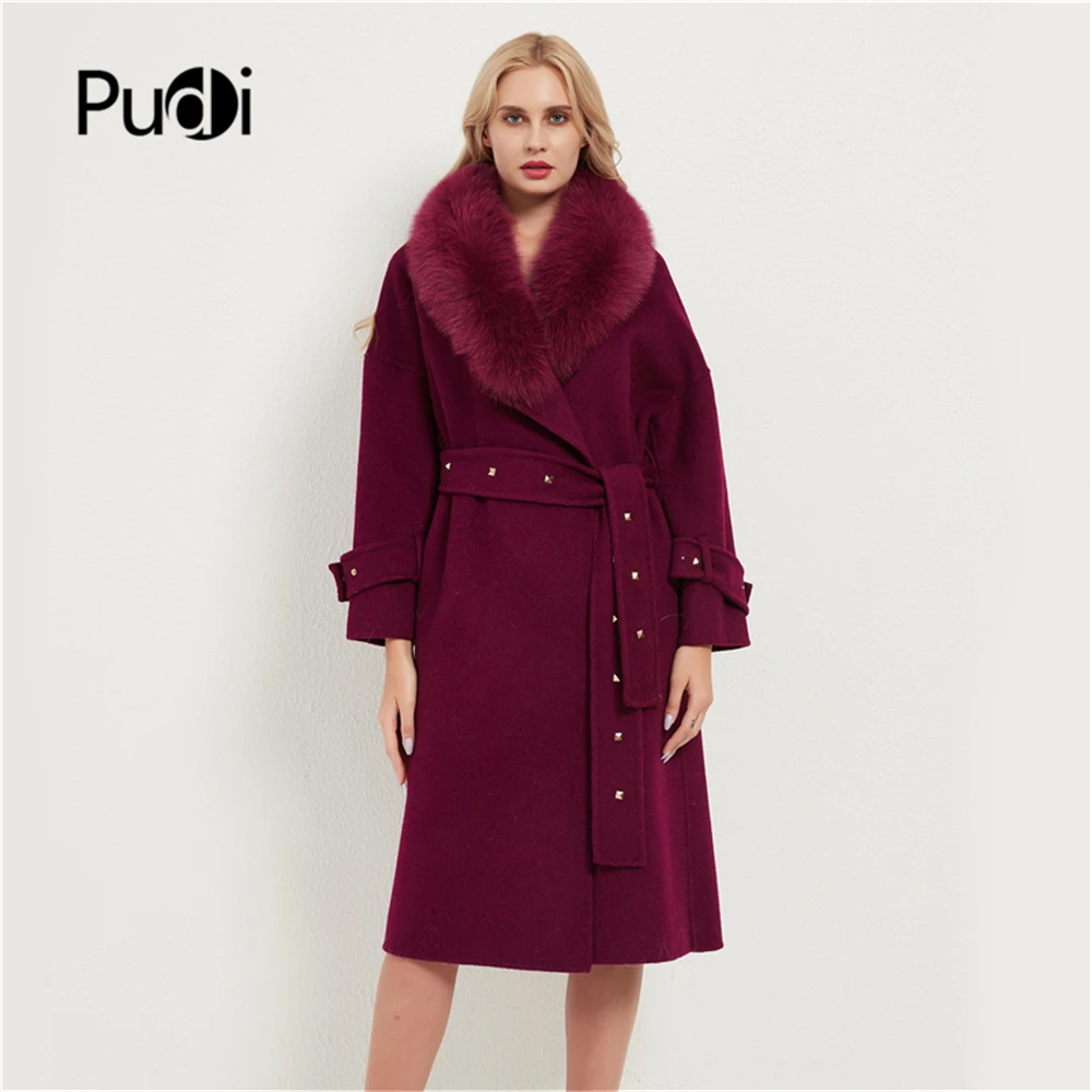 

Pudi Women Real Fox Fur Coat Jacket Female Lady Wool Blends Fox Fur Collar Purple Coats Jackets X-long Trench CT039