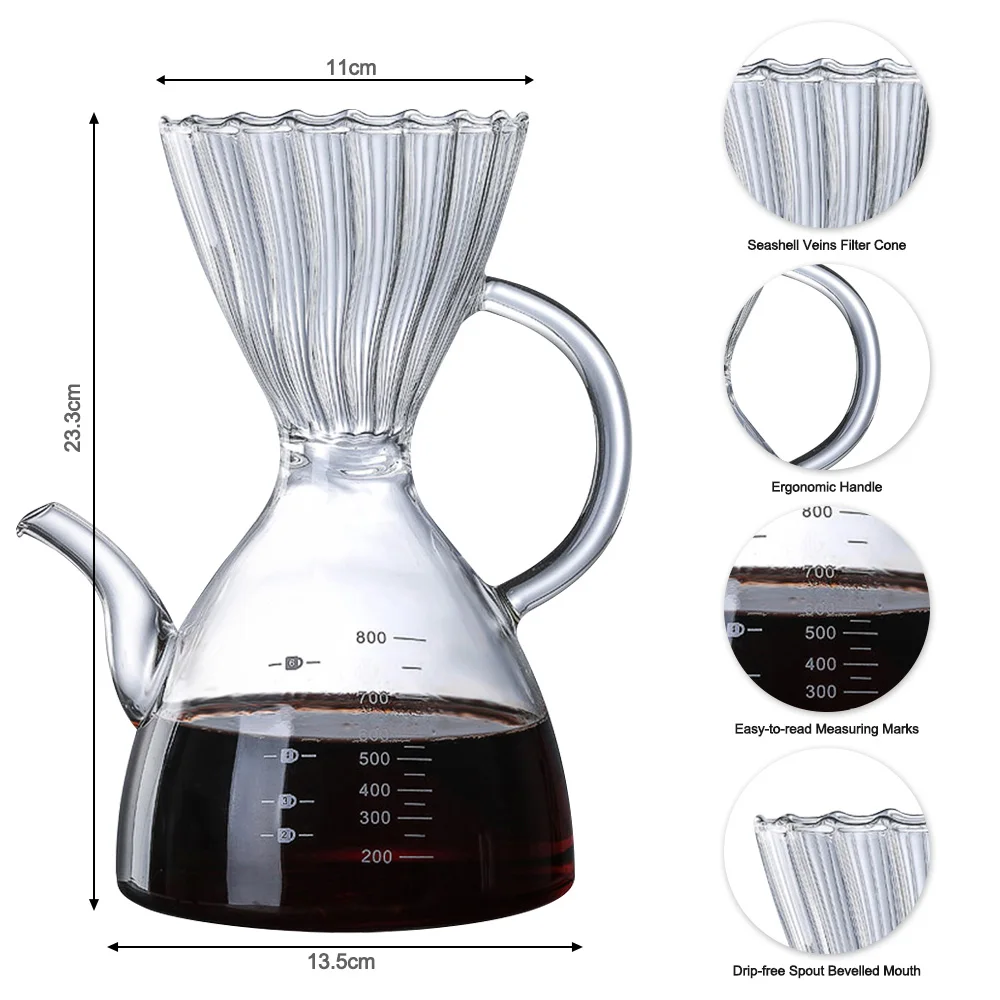 800ml Coffee Pot Borosilicate Pour Over Clear Coffee Carafe Glass Measuring Marks Cock Band Safe Non-toxic Durable Coffee Server