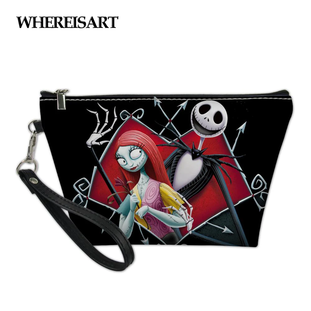 

WHEREISART Women Travel Make Up Bags The Nightmare Before Christmas Print Cosmetic Pouch Clutch Handbag Lady Mini Leather Bag