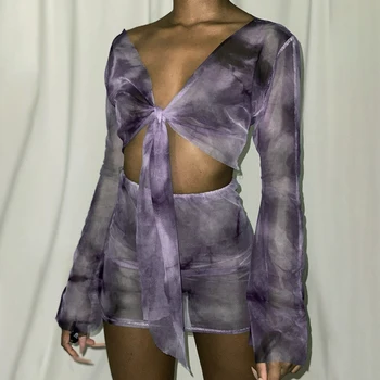 

Cutubly Bandage Sexy Club 2 Pcs Outfits Mesh Tie Dye Two Piece Matching Set Tracksuit Flare Long Sleeve Top Mini Skirt Set Women