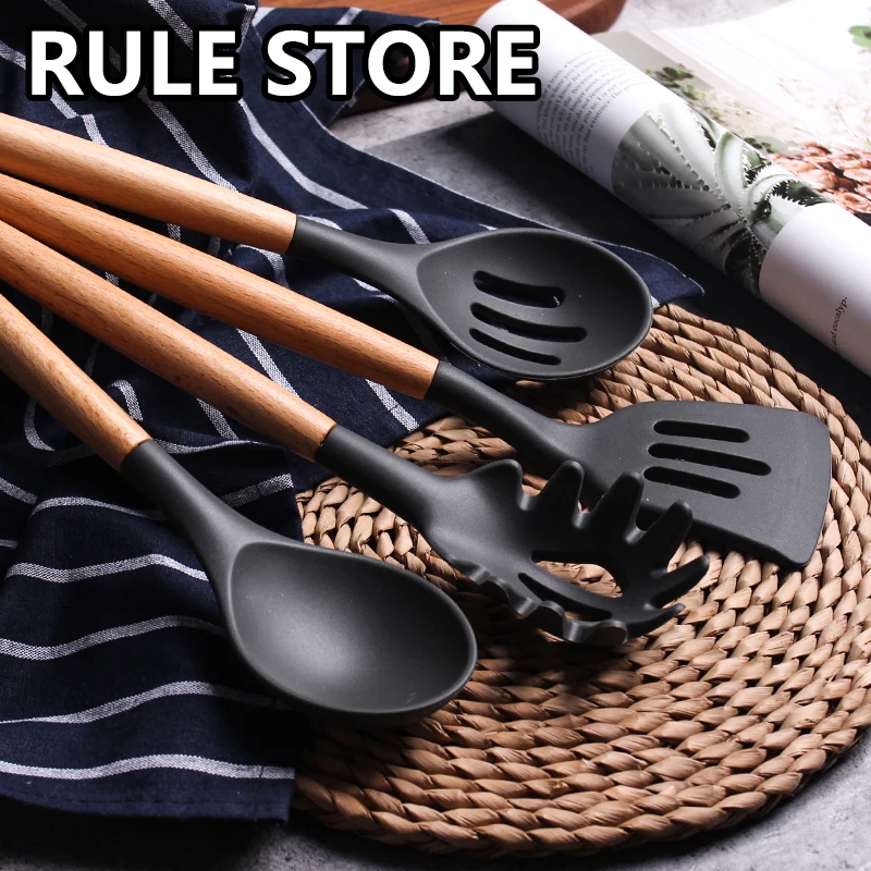 

Silicone Spatula Utensils Turner Heat-resistant Soup Spoon Non-stick Spatula Shovel Wooden Handle Cooking Shovel Kitchen Tool