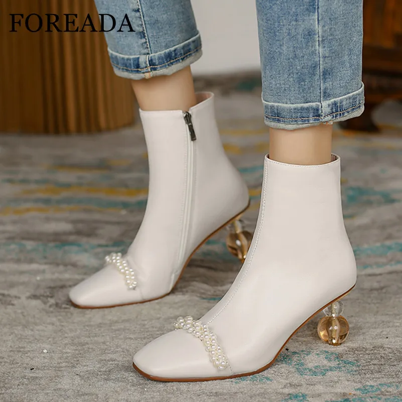 

FOREADA High Heel Ankle Boots Real Leather Woman Boots Zipper Strange Style Heel Shoes String Bead Square Toe Ladies Short Boots