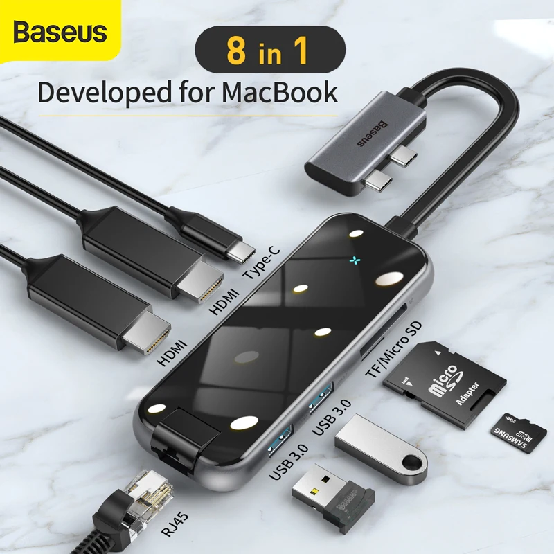 

Baseus 8-in-1 Type-C Multifunctional HUB Adapter USB3.0 4K HDMI Multi-screen Extended Display HUB PD 100W Charging Adapter