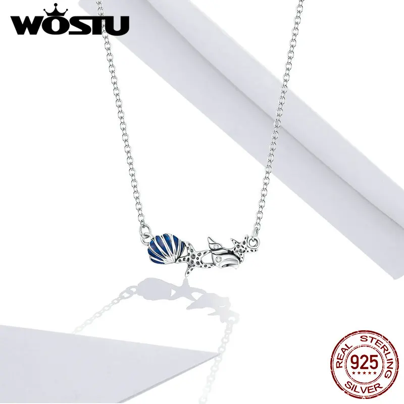

WOSTU Summer Ocean Pendant Necklaces Real 925 Sterling Silver Accessories Fine Jewelry For Women Birthday Party Gift