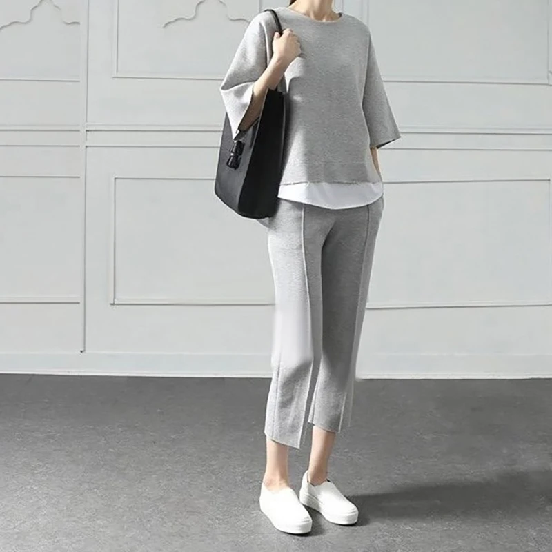 

Summer fashion Autumn Casual O-Neck Fake Two Pieces Sets Top 3/4-Length Pants Two-piece Sets Loose Splits Sleeve Suits