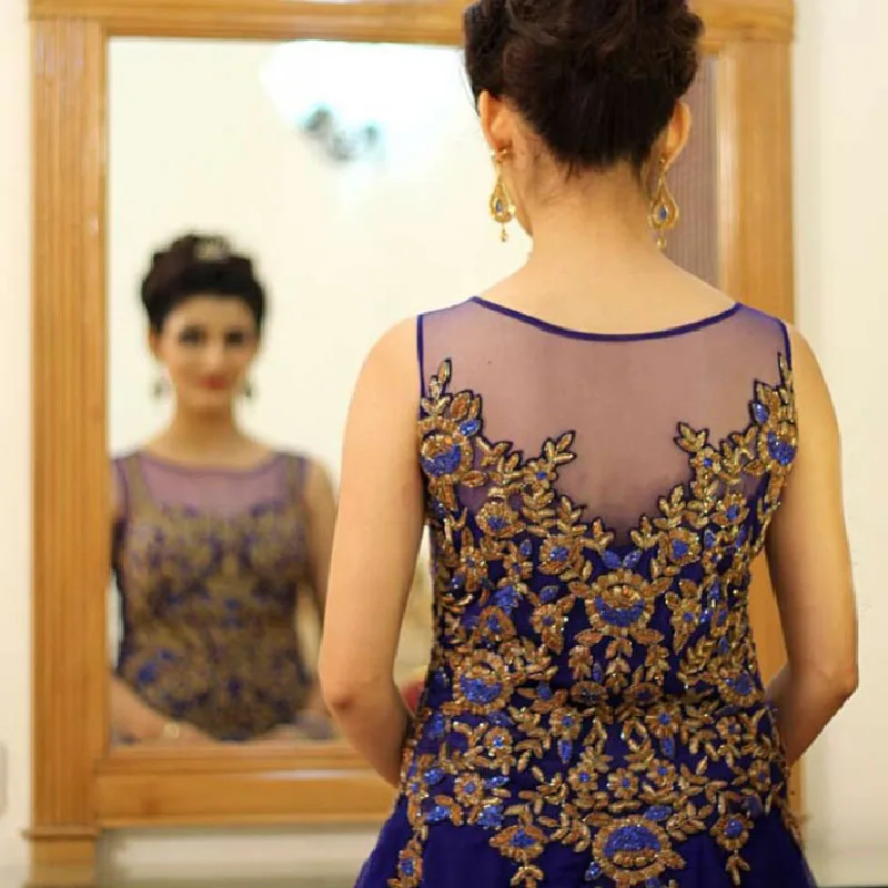 Robe de soiree, королевский синий тюль, Длинная Золотая аппликация из кружева, вышитая бисером, платье для выпускного вечера, Дамское официальное платье с открытыми плечами, Платья для подружек невесты