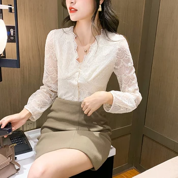 

COIGARSAM Full Sleeve Shirt Womens tops Lace V-Neck Women shirts Apricot 8333