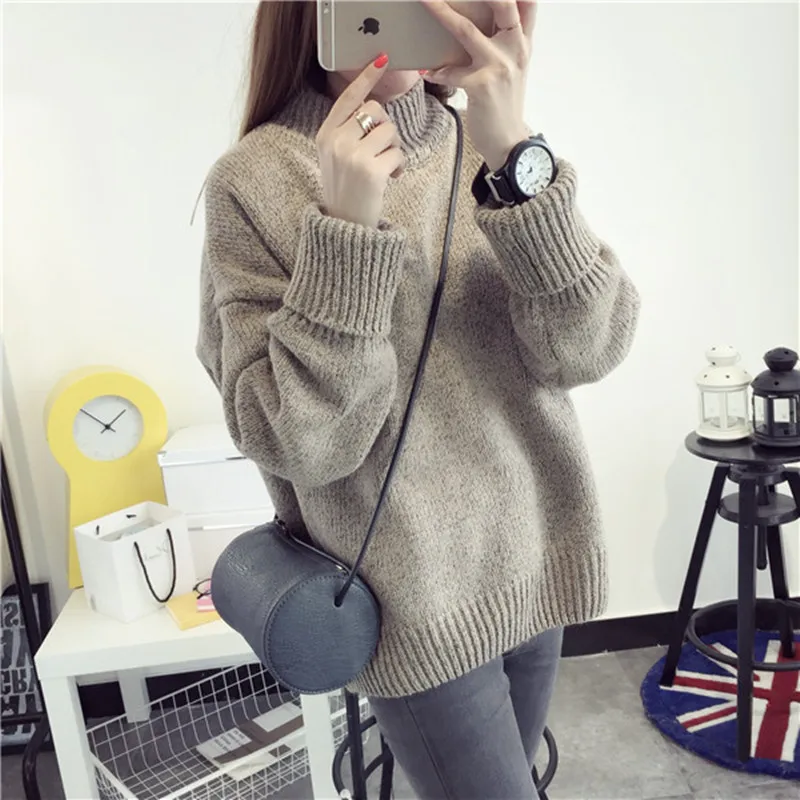 

Korean-style Autumn and Winter Solid Color Thick Thread Half Turtleneck Pullover Sweater Female Loose Thick Short Women's Base S