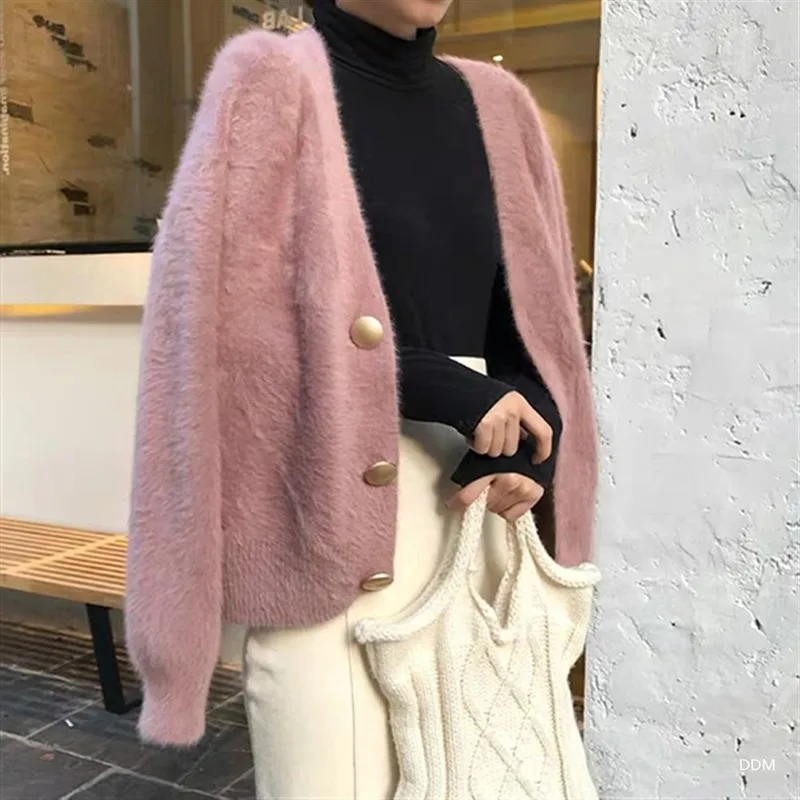 

Women's Short Coat Knit Cardigan Outside Solid Color Imitation Mink Fur Gold Button V-neck Western Cardigan Coat-ya03