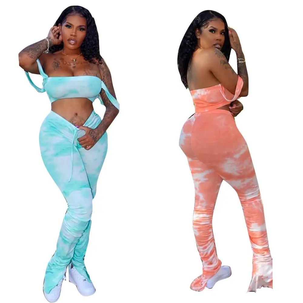 

Tie Dye Print Women Sets Summer Casual Two Piece Set Strapless Crop Top +Drawstring Ruched Flare Pants Fashion SexyTracksuit