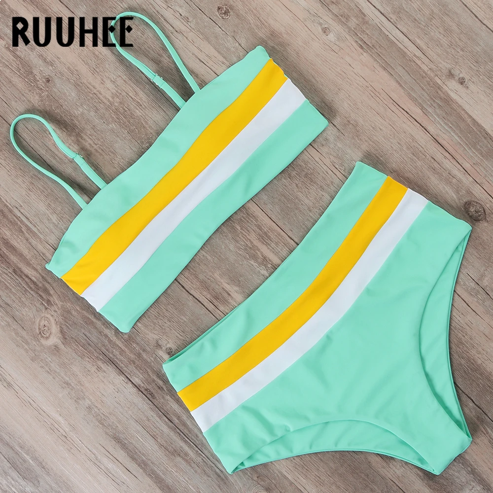 RUUHEE, полосатый бикини, купальник, женский,, высокая талия, бикини, набор, пуш-ап, спортивный топ, купальник, пляжная одежда, женский бикини
