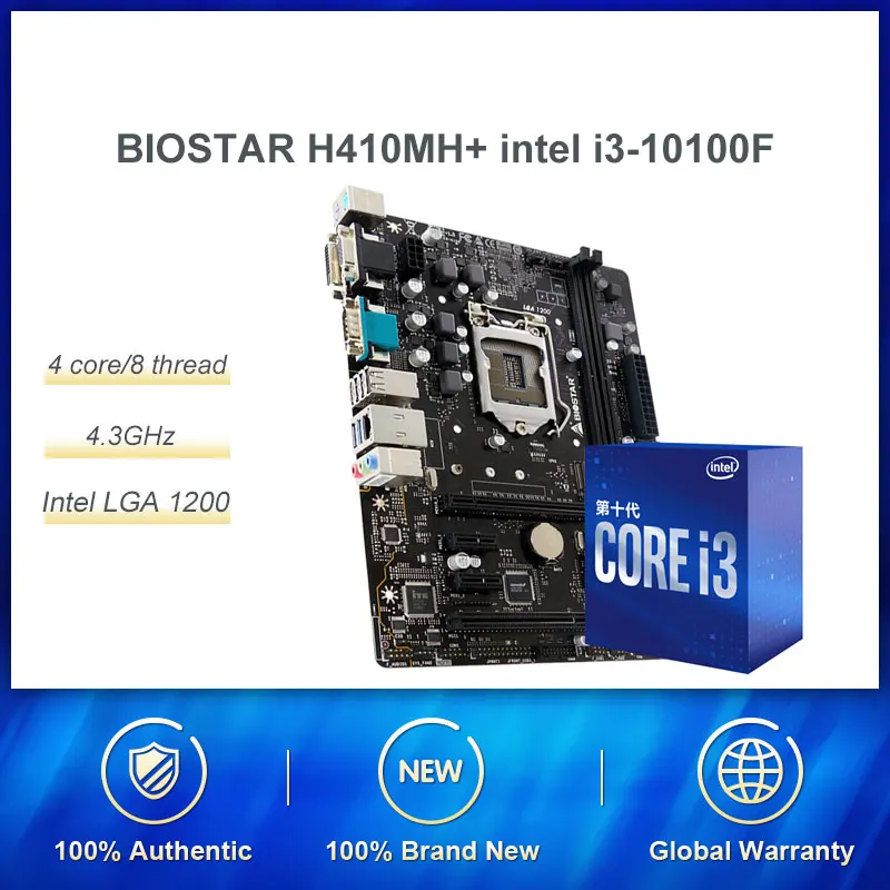 Combination Intel 10th Generation I3 10100F CPU Processor With Cores And  Threads With Biostar H410MH Motherboard For Gaming